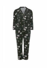 Conjunto de pijama negro de tejido suave que presenta patrones de lunares blancos y lazos rosas; camiseta de manga larga con bolsillo y cierre de botones, pantalones a juego.