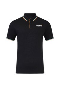 Czarna koszulka polo z kontrastującymi pomarańczowymi i turkusowymi krawędziami kołnierzyka. Zawiera logo "McLaren Formula 1" na lewej piersi.