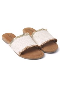 Woven white slide sandals with gold trim, tan suede footbed, and flat sole. Open-toe design, featuring a braided edge detail.
