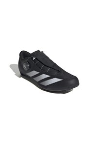 Black cycling shoe with a smooth texture, featuring silver stripes, a BOA dial for lacing, and a streamlined shape for performance.