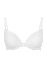 Hvid polstret bh med justerbare stropper, glat tekstur og et enkelt design. Har en sømløs finish, der er velegnet til at bære under tøj.