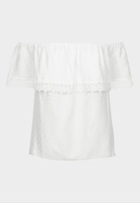 Weißes Off-shoulder-Oberteil aus strukturiertem Stoff mit Rüschenausschnitt und einer Spitzenkante am Saum. Lockerer Schnitt.