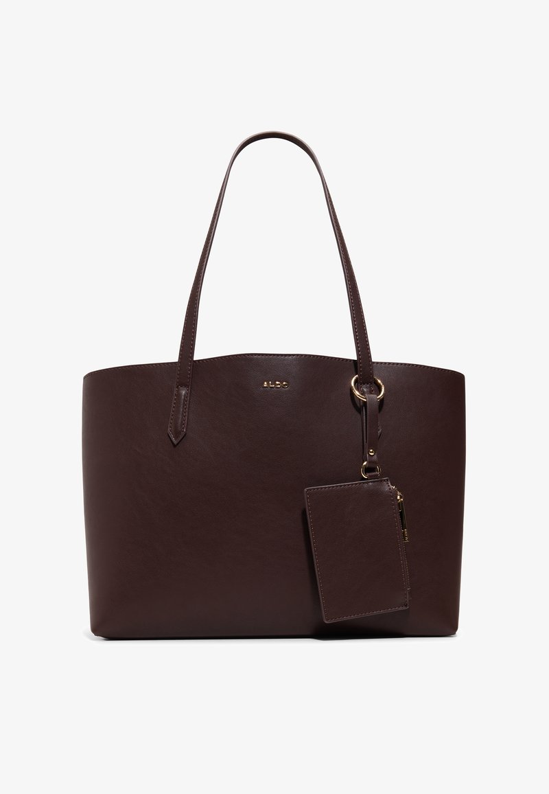 Sac cabas en cuir marron foncé avec deux anses, petite pochette attachée avec fermeture éclair, et logo de marque doré "ALDO" au centre devant.