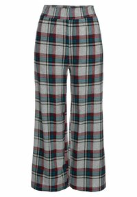 Gray plaid wide-leg pants with a soft texture, featuring red, blue, and green accents in a grid pattern, and an elastic waistband.