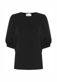 Black short-sleeve top made of lightweight fabric, featuring a round neckline and puffed sleeves with a smooth texture.