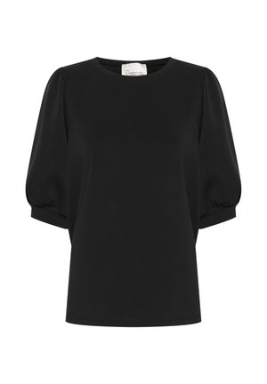 Crni kratki rukav majica od lagane tkanine, s okruglim izrezom i napuhanim rukavima s glatkom teksturom.