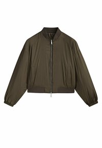 Olivgrüne Bomberjacke mit Reißverschluss vorne, geripptem Kragen und Bündchen, seitlichen Taschen und einem cropped Design. Glattes, leichtes Material.