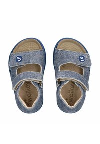 Sandali di stoffa blu con due cinturini in velcro, soletta testurizzata e base imbottita. Punta leggermente arrotondata e plantare sagomato.