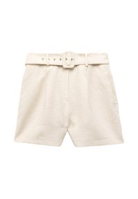 Beige high-waist shorts met een brede riem met een vierkante gesp, gemaakt van textiel met structuur.