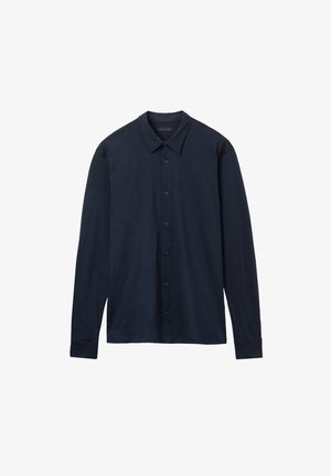 Marineblaues langärmliges Hemd mit Knopfleiste, spitzem Kragen, sechs Knöpfen auf der Vorderseite und leicht strukturiertem Stoff. Einfaches Design, ohne Muster.