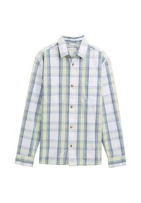 Lange mouw knoopshirt in lichtblauw, groen en wit ruitpatroon. Bevat twee borstzakken en bruine knopen. Katoenen stof.