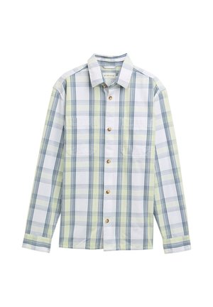 Cămașă cu mâneci lungi, cu nasturi, într-un model de carouri de culoare albastru deschis, verde și alb. Are două buzunare pe piept și nasturi maro. Material din bumbac.