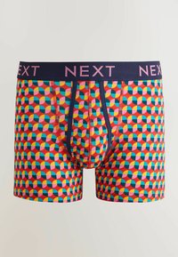 Boxeri pentru bărbați cu un model geometric colorat format din cercuri suprapuse în roșu, roz, galben, albastru și verde, și o talie bleumarin cu inscripția „NEXT” roz.