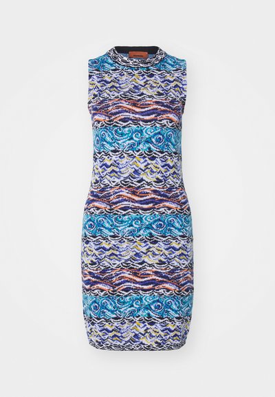 Sleeveless dress featuring a multicolored pattern with blue, orange, and yellow waves on a black background. Rounded neck design.