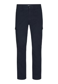 Marine cargo bukser lavet af bomuld med tapered ben, syede lommer på siderne og en enkelt knaplukning i taljen.