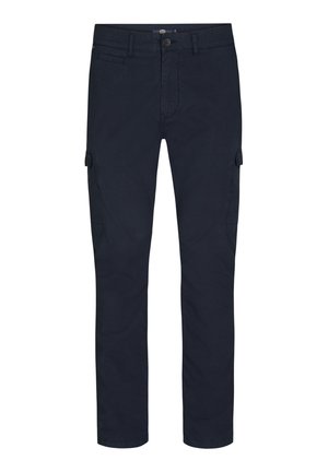Navy cargo pants made of cotton with tapered legs, stitched pockets on sides, and a single button closure at the waist.