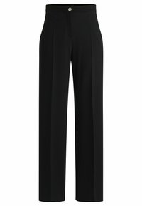 Pantaloni neri a gamba larga in un tessuto morbido e leggero con chiusura anteriore a bottoni e pieghe sartoriali per un look strutturato.