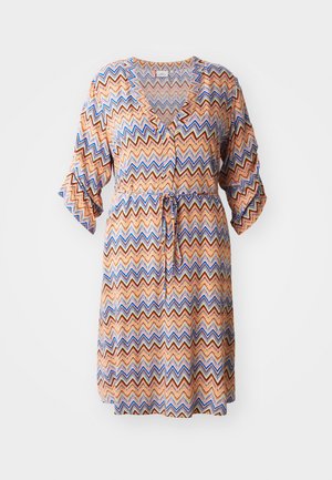 Patterned dress featuring a zigzag design in orange, blue, and cream, with a V-neckline, three-quarter sleeves, and a tie waist.