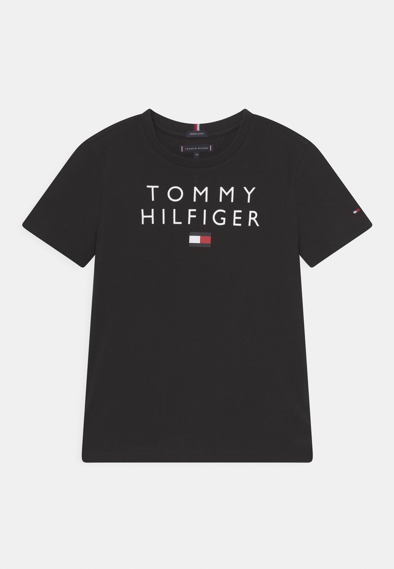Black cotton t-shirt featuring the text "TOMMY HILFIGER" in white and a small logo in red, white, and blue on the chest. Short sleeves.