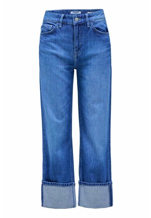 Jeans recortados de denim azul oscuro con pierna ancha y dobladillo enrollado. Con lazos para cinturón, bolsillos y un cierre de botón clásico en la cintura.