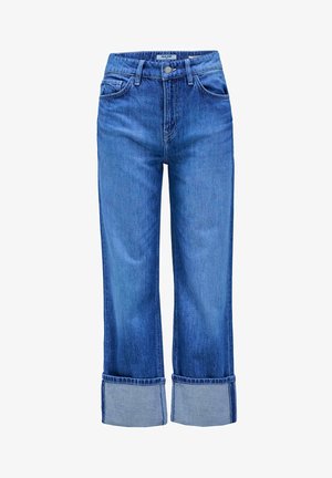 Jean en denim bleu foncé, coupé en pantalon 7/8ème avec une jambe large et un ourlet roulé. Doté de passants de ceinture, de poches et d'une fermeture à bouton classique à la taille.