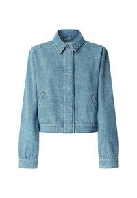 Blue cropped jacket made of textured fabric with a collared neckline, side pockets, and long sleeves. Features a straight hem.