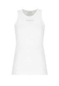 Top bianco senza maniche realizzato in tessuto a coste. Presenta il logo "PINKO" in una texture a contrasto sul davanti. Design pulito e minimalista.