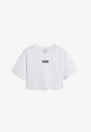 Camiseta blanca corta de algodón con mangas cortas. Presenta un logo negro de Vans centrado en el pecho. Textura suave y ligera.