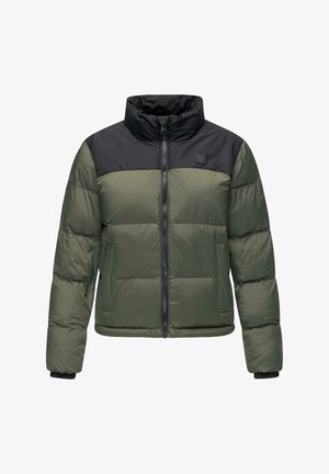 Puffer jacket, green with a black accent on shoulders, featuring a high collar, front zipper, and quilted detailing for insulation.