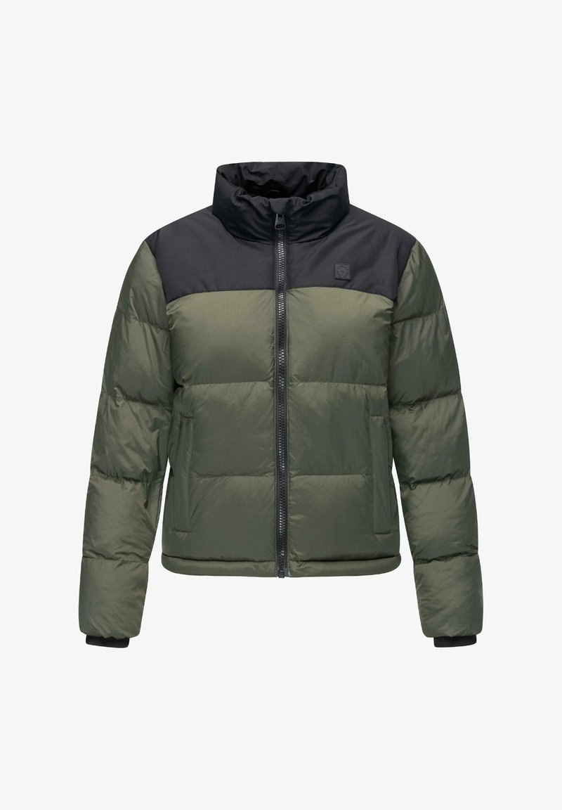 Puffer jacket, green with a black accent on shoulders, featuring a high collar, front zipper, and quilted detailing for insulation.