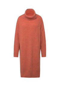Abito maglione lavorato a maglia color ruggine con colletto alto e ripiegato, maniche lunghe e una vestibilità comoda, realizzato in un tessuto testurizzato e caldo.
