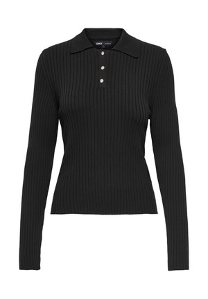Polo noir à manches longues en côte avec col, présentant trois boutons décoratifs et une silhouette ajustée. Texture lisse sur l'ensemble.
