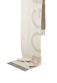 Beige wool scarf with large light brown text and fringed edges, featuring a soft texture and an elongated, rectangular shape.