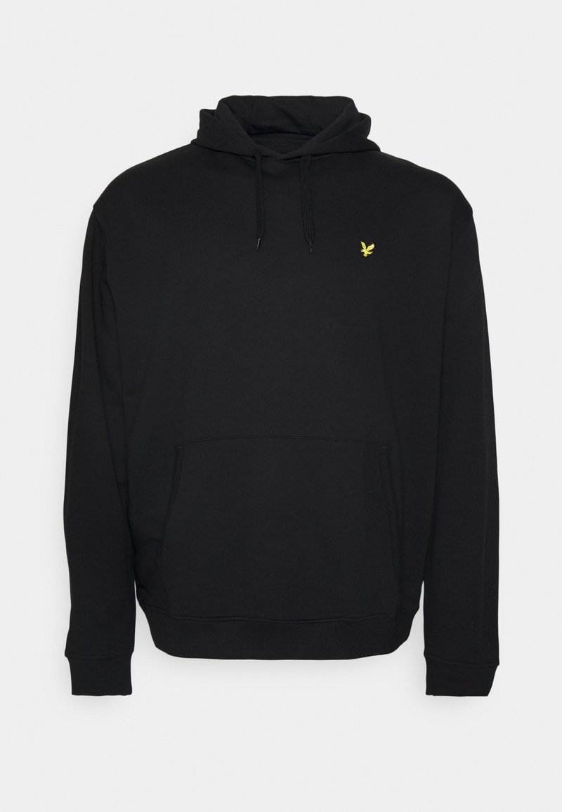 Sweat à capuche noir avec poche kangourou, cordon de serrage au niveau de la capuche, et un petit logo jaune sur la poitrine gauche ; tissu doux, poignets et ourlet côtelés.