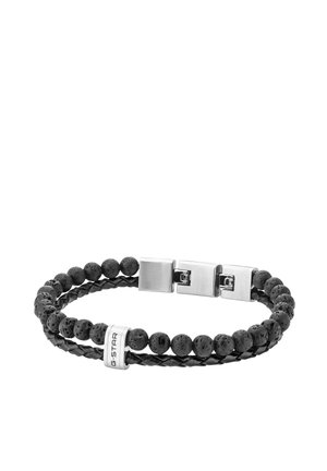 Bracelet noir double-brin avec une bande en cuir tressé et une bande de perles de lave, doté d'un fermoir en argent et d'une perle argentée marquée G-Star.