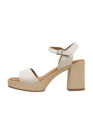 Sandales à talons blanches en cuir avec une bride à la cheville, design à bout ouvert, hauteur de talon de 10 cm et plateforme tissée texturée pour un soutien supplémentaire.