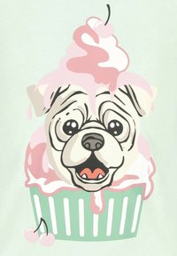Graafinen kuvasto cupcakeista, jossa on koiran naama. Cupcakeilla on vihreä kuori, vaaleanpunaista kuorrutusta ja kirsikka. Outo, sarjakuvamainen tyyli, pehmeät värit.
