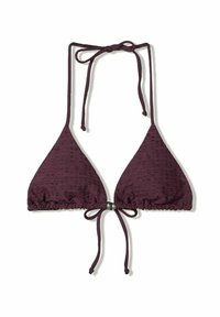 Haut de bikini triangulaire en bordeaux profond avec un tissu texturé, des liens ajustables et un fermoir argenté au centre à l'avant.