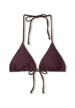 Haut de bikini triangulaire en bordeaux profond avec un tissu texturé, des liens ajustables et un fermoir argenté au centre à l'avant.