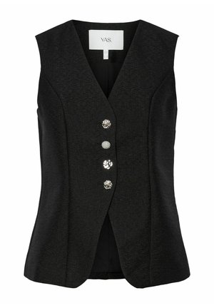 Chaleco negro sin mangas con diseño de escote en V, que cuenta con cuatro botones decorativos con texturas variadas en la parte delantera. Acabado de tela lisa.