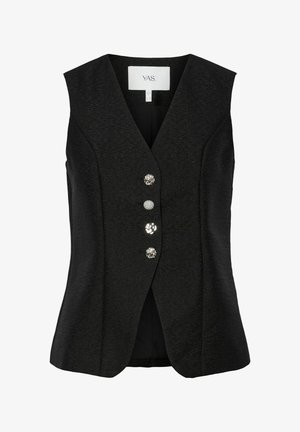 Chaleco negro sin mangas con diseño de escote en V, que cuenta con cuatro botones decorativos con texturas variadas en la parte delantera. Acabado de tela lisa.