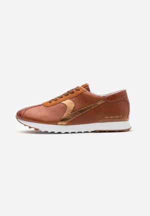 Niski brązowy skórzany sneaker z metalicznym, brązowym akcentem, wiązany z przodu, białą podeszwą i teksturowanym detalem na pięcie.