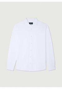 Witte blouse met lange mouwen, een klassieke kraag, knoopsluiting aan de voorkant en een enkele borstborduring; gemaakt van lichtgewicht stof met een gladde textuur.