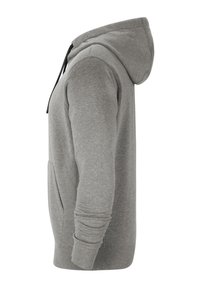 Sweat-shirt à capuche gris avec manches longues, une poche kangourou et des cordons noirs. Tissu doux avec une texture lisse. Vue de côté.