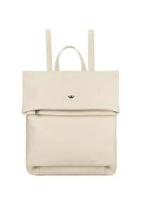 Zaino in pelle crema con chiusura a patta e maniglia superiore. Presenta spallacci regolabili e una tasca frontale con zip. Superficie testurizzata.