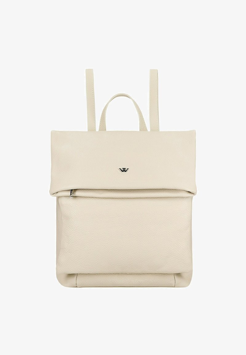 Krémový kožený batoh s klopou a horním madlem. Obsahuje nastavitelné ramenní popruhy a přední zipovou kapsu. Texturovaný povrch.