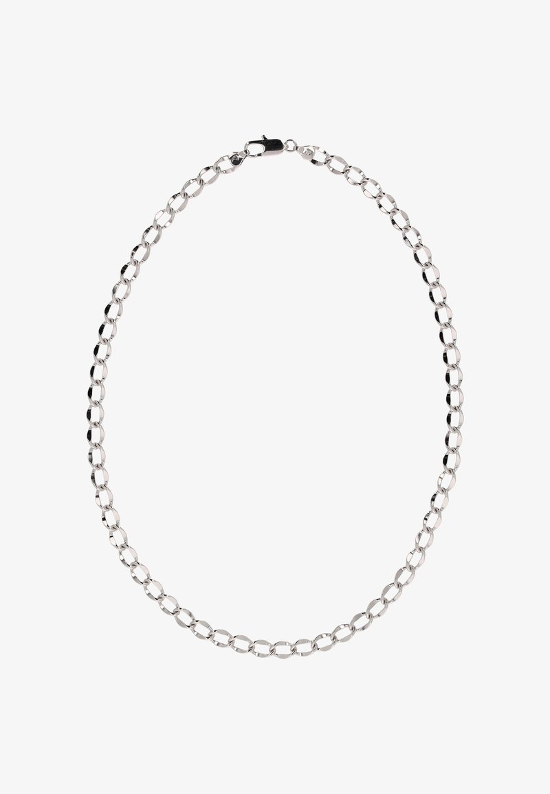 Zilverkleurige ketting met onderling verbonden ovale schakels en een lobster clasp op een witte achtergrond.