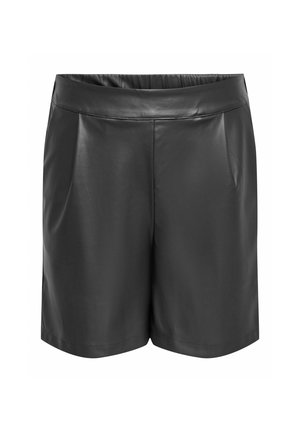 Black leather shorts with a smooth texture, elastic waistband, and side pockets. Features a tailored fit and sleek design.