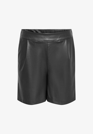 Černé kožené šortky s hladkým povrchem, elastickým pasem a bočními kapsami. Mají přizpůsobený střih a elegantní design.