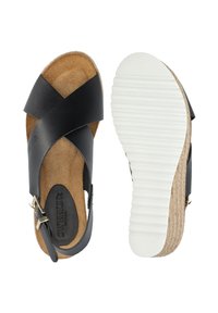 Schwarze Leder-Wedgesandalen mit Kreuzriemendesign, Korkfußbett und Gummisohle. Mit einer Schnalle am Knöchel und strukturiertem Fußbett.